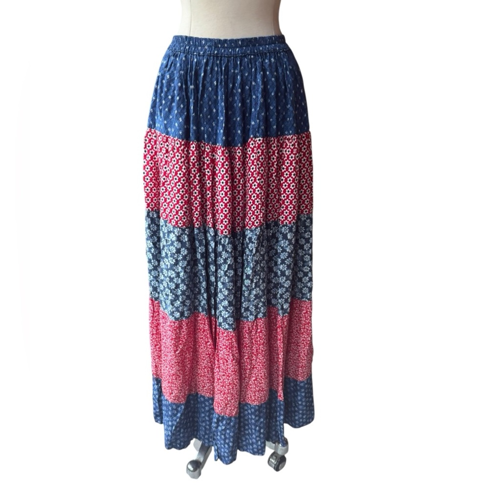 1970s/Early 80s Cactus Flower Back Tiered Patchwork Broomstick Skirt